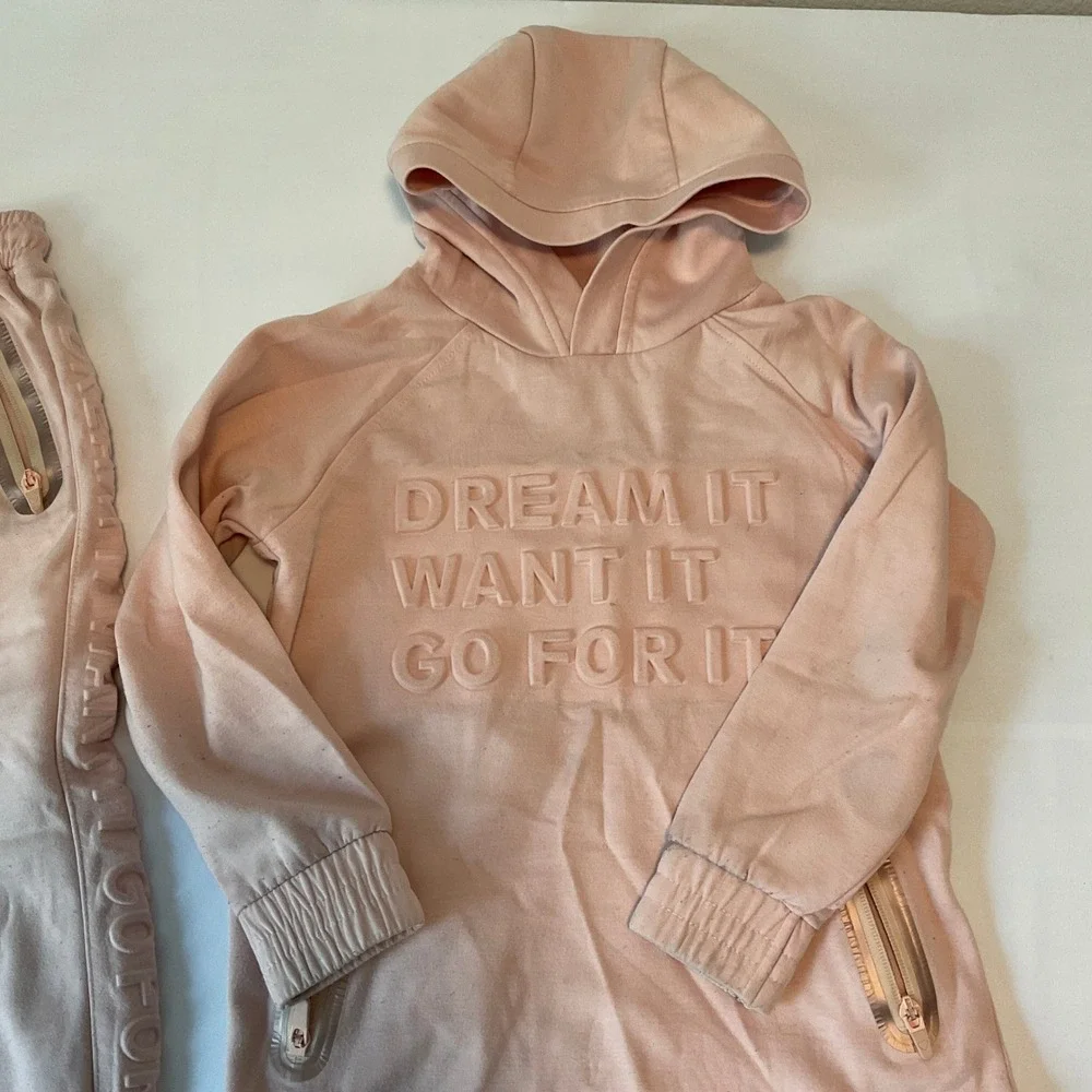 ZARA Hoodie Jogger Set Kids Size 6 Pink Excellent Embossed Rose Gold Tracksuit